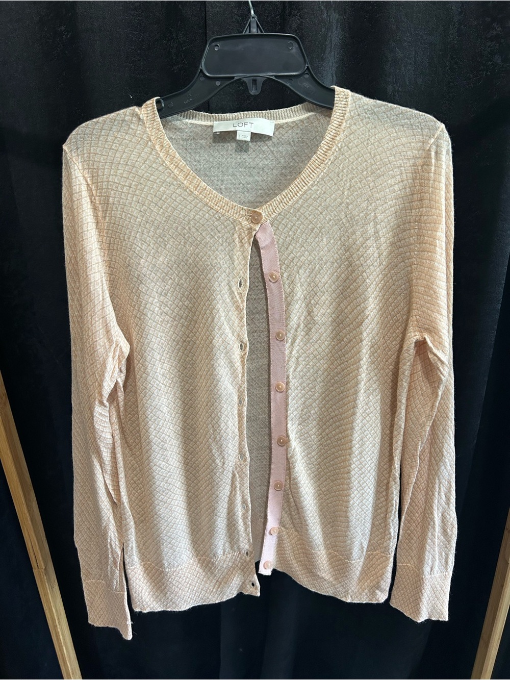 LOFT Light Cream Knit Button Cardigan with Pink Trim